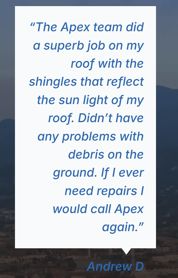 A screenshot showing a positive review of Apex Restoration & Roofing.