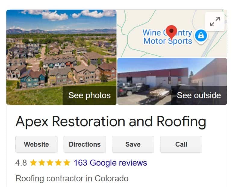 Google review rating for Apex Restoration and Roofing company