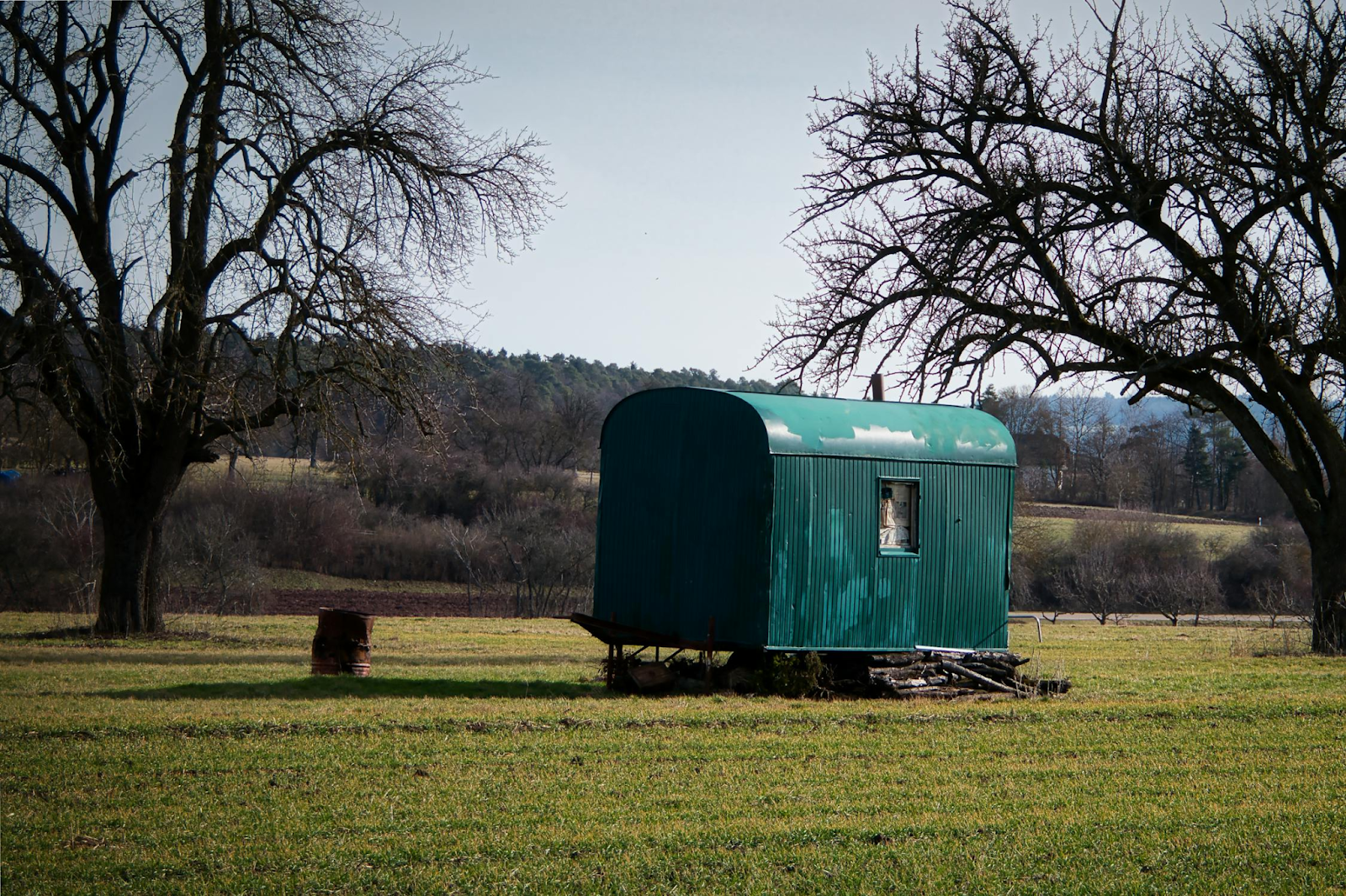 Green storage shed. 