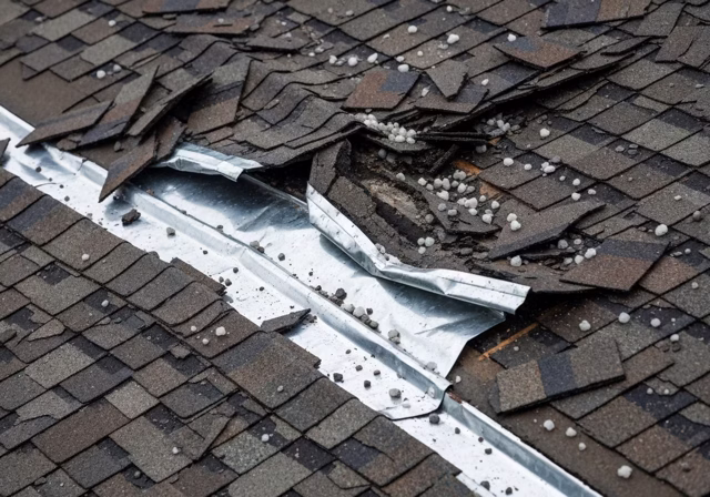Hail-damaged asphalt shingles and roof flashing