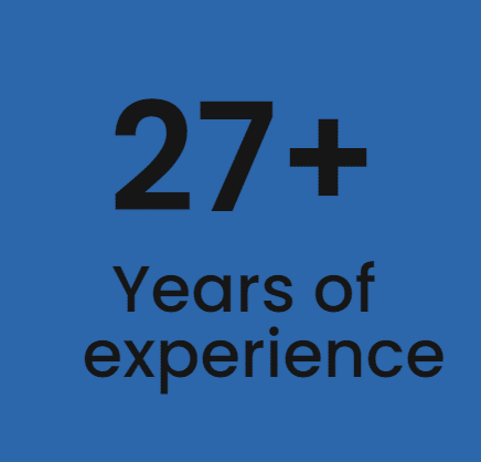 A blue text box with the words “27+ years of experience” on it. 