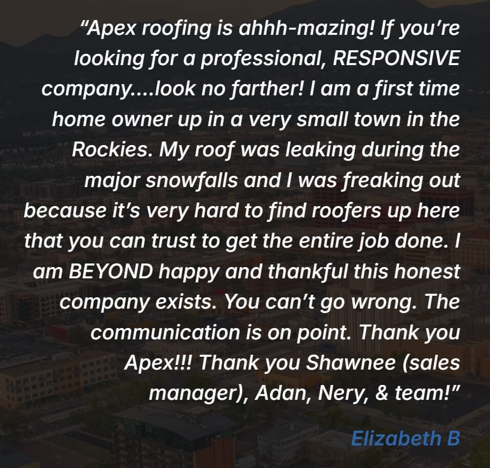 A screenshot showing a positive review of Apex Restoration & Roofing.  