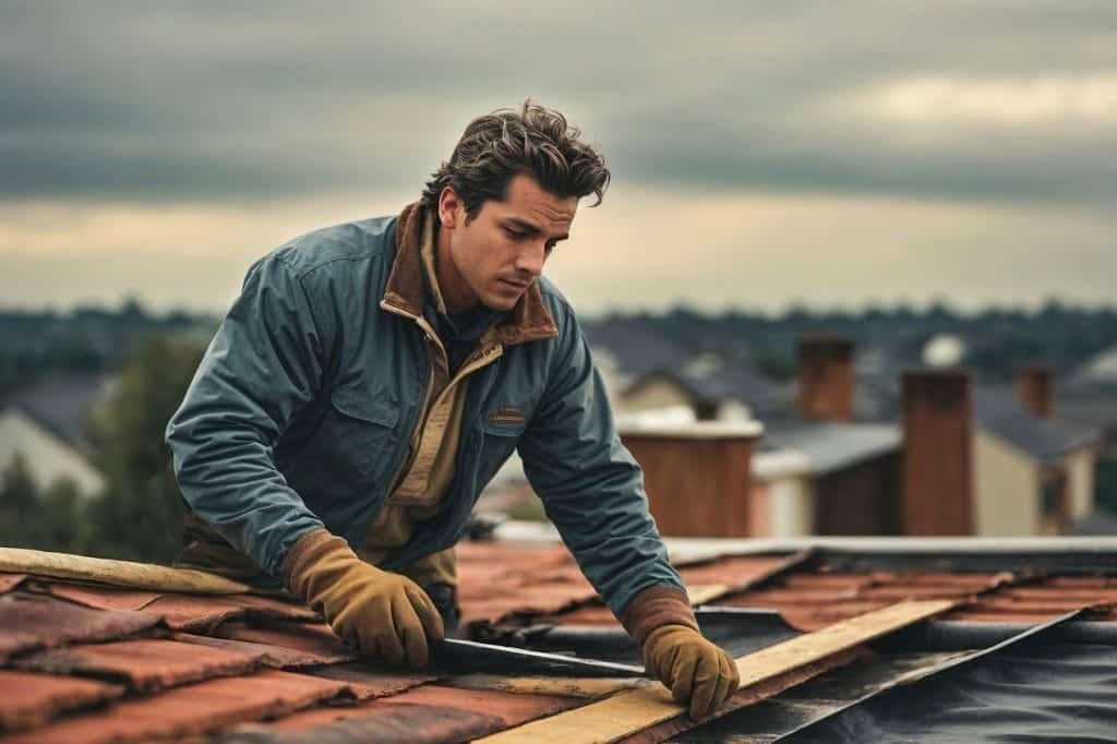 Roofer inspecting and repairing a roof